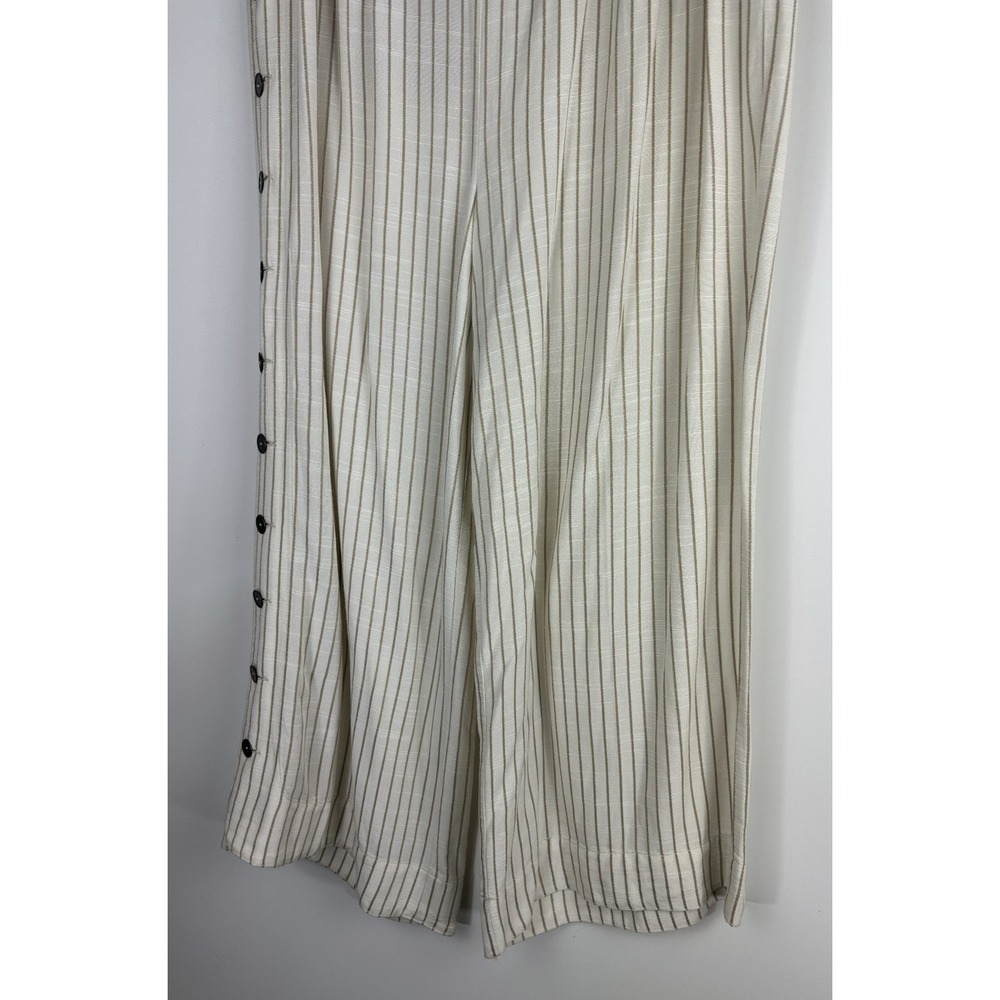 by Anthropologie Buttoned Wide Leg Pants Cream Stripe High Rise Ankle US Size 14 - Picture 7 of 13